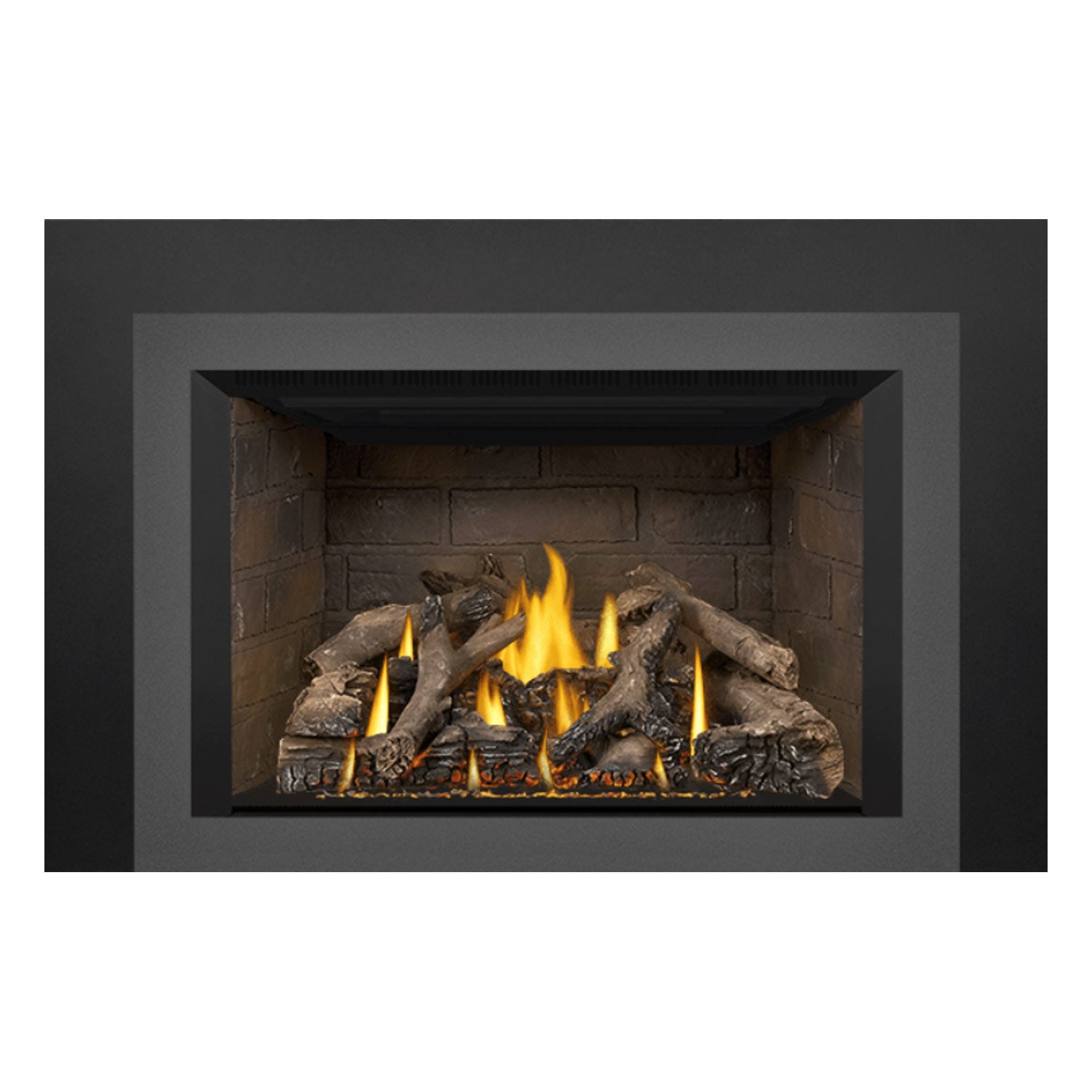 Direct vent gas fireplace insert with dark frame and stone interior, burning flames on logs.