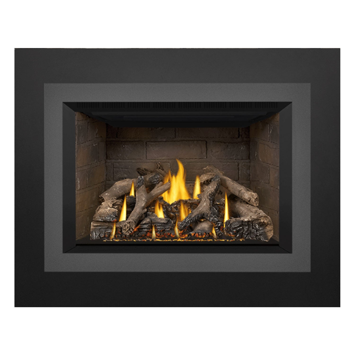 Direct vent gas fireplace insert with stone firebox, burning flames, and stacked logs.