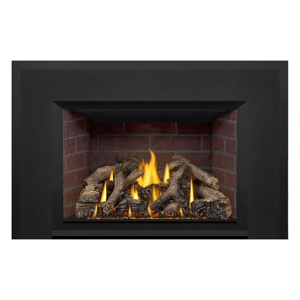 Direct vent gas fireplace insert with flames and log set, black burner cover visible