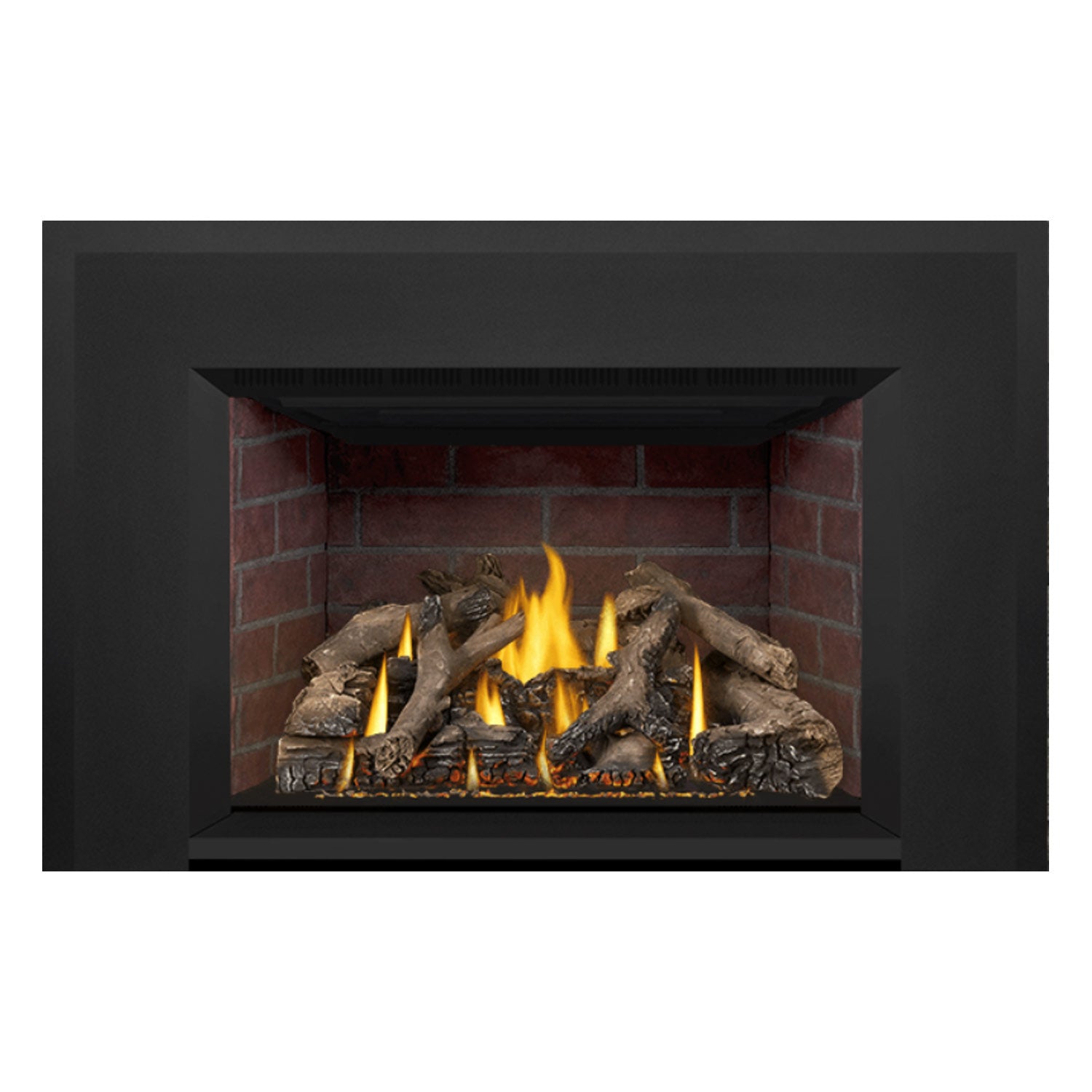 Direct vent gas fireplace insert with flames and log set, black burner cover visible