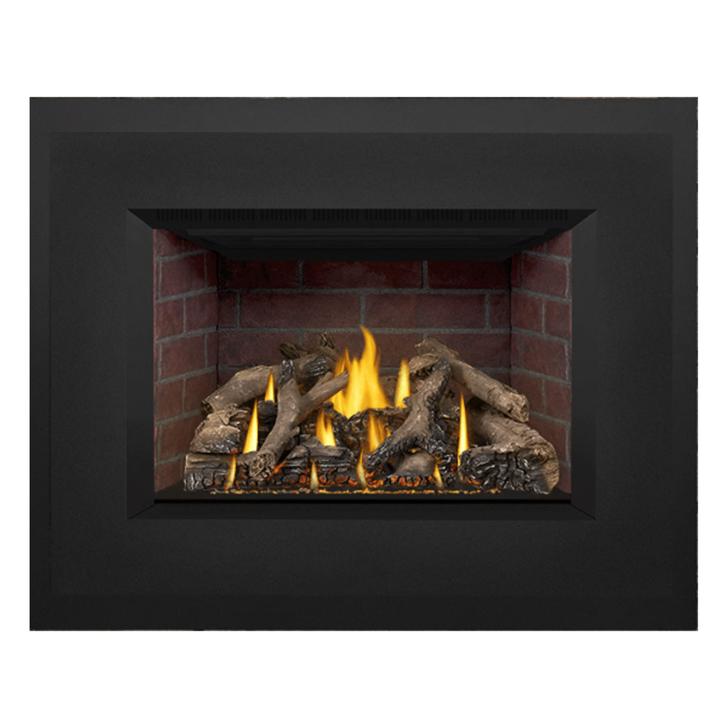 Black gas fireplace insert with burning flames centered in the firebox and log set
