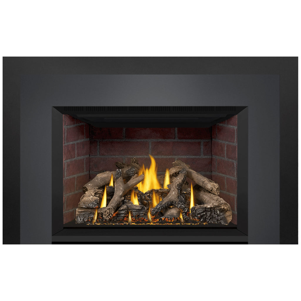 Black direct vent gas fireplace insert front view with burning flames and gray-brown logs