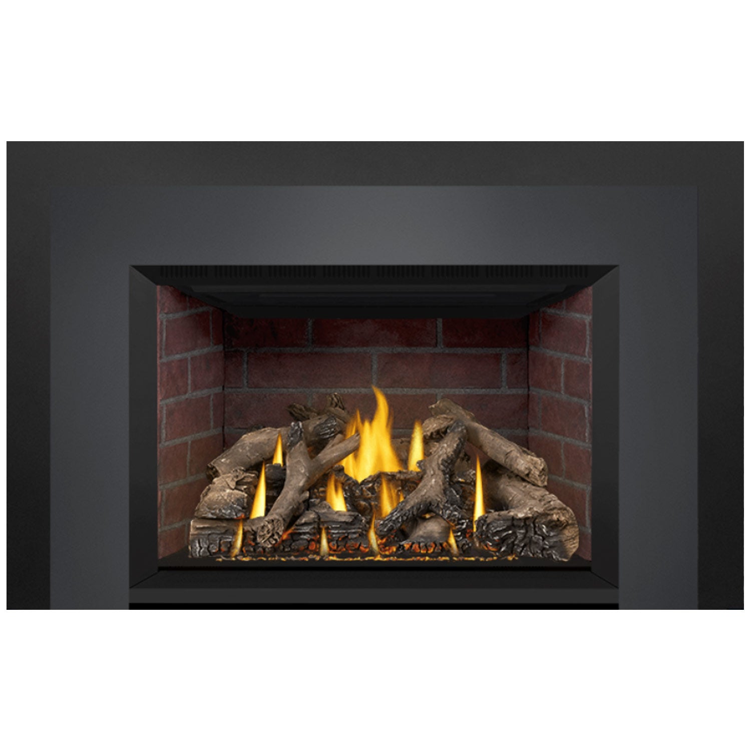 Black direct vent gas fireplace insert front view with burning flames and gray-brown logs
