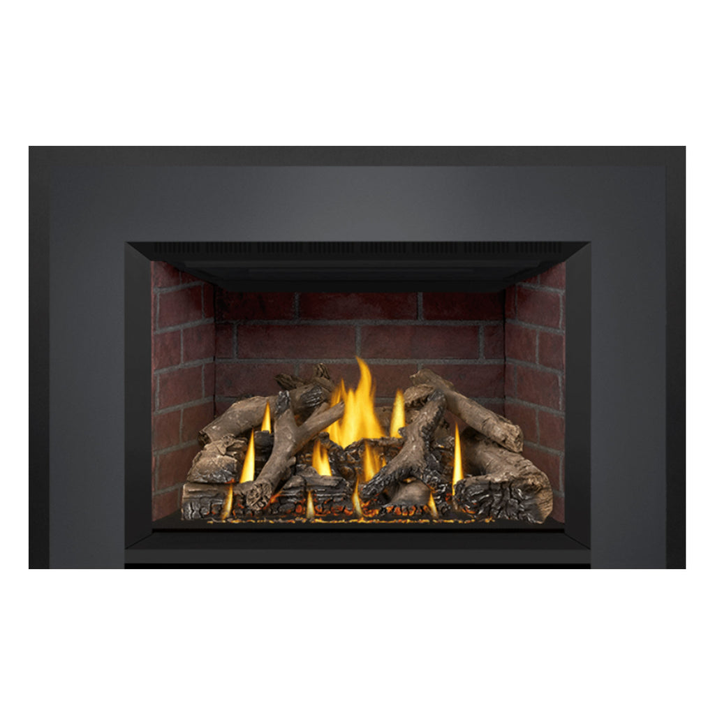 Black direct vent gas fireplace insert with visible flames and textured log set