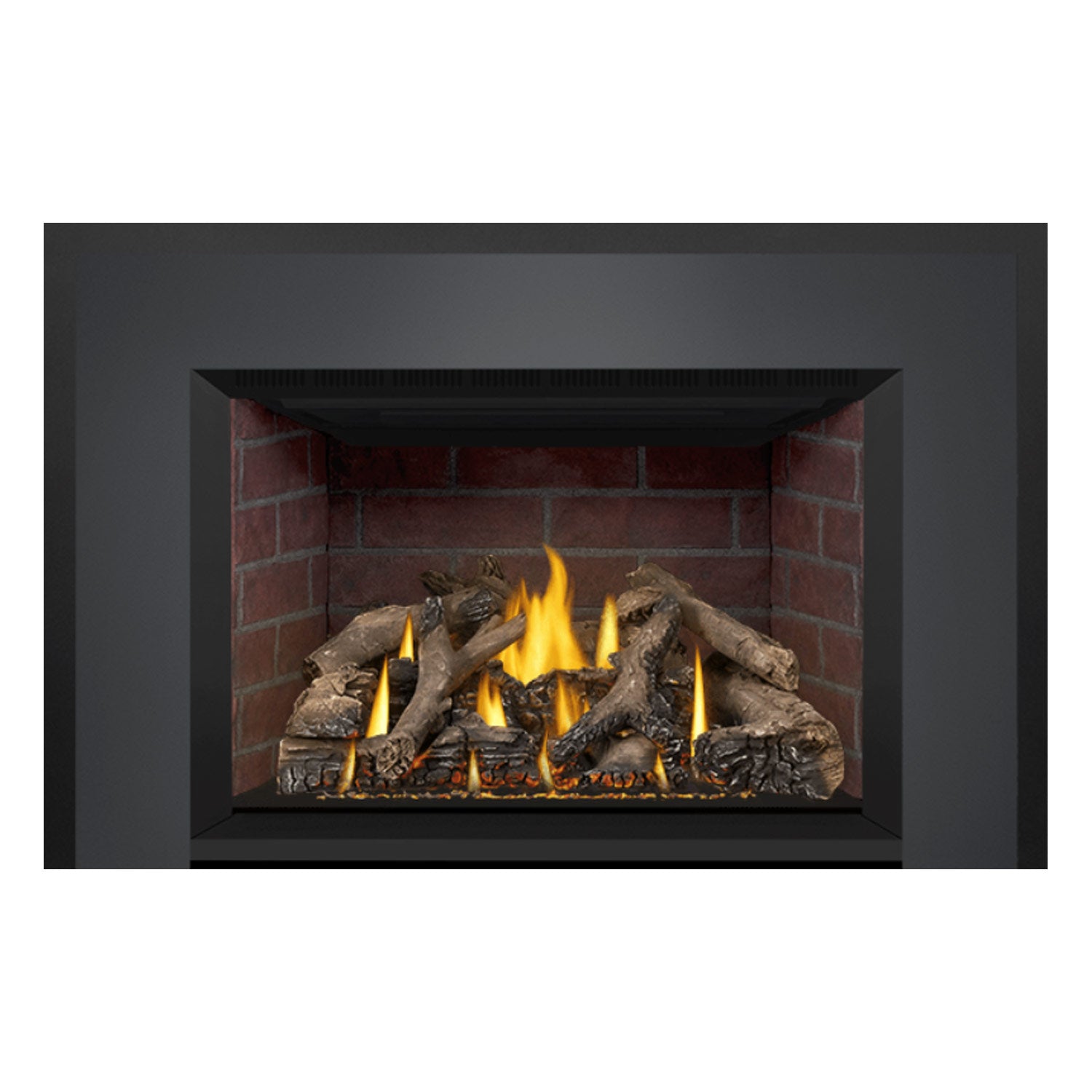 Black direct vent gas fireplace insert with visible flames and textured log set