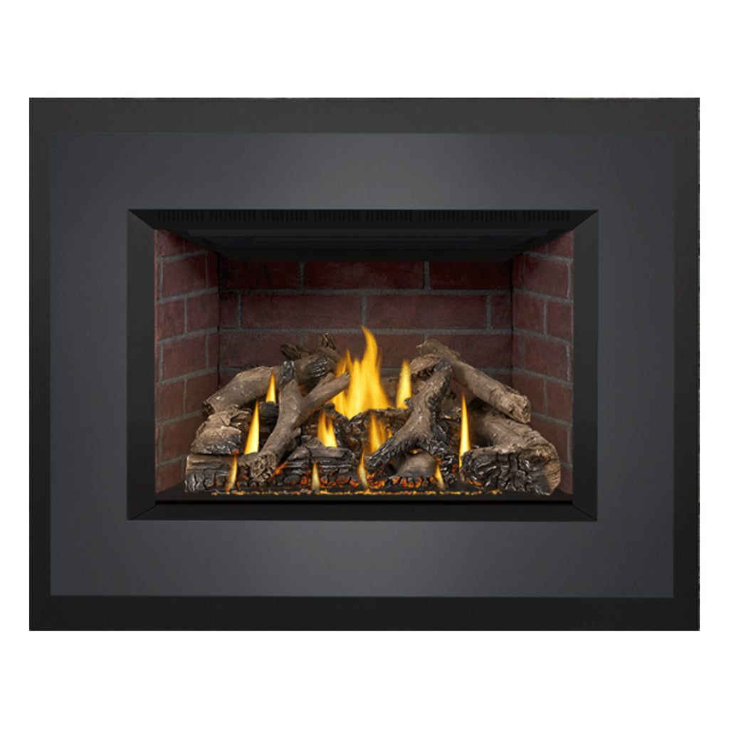 Black direct vent gas fireplace insert with burning flames and a gray log arrangement