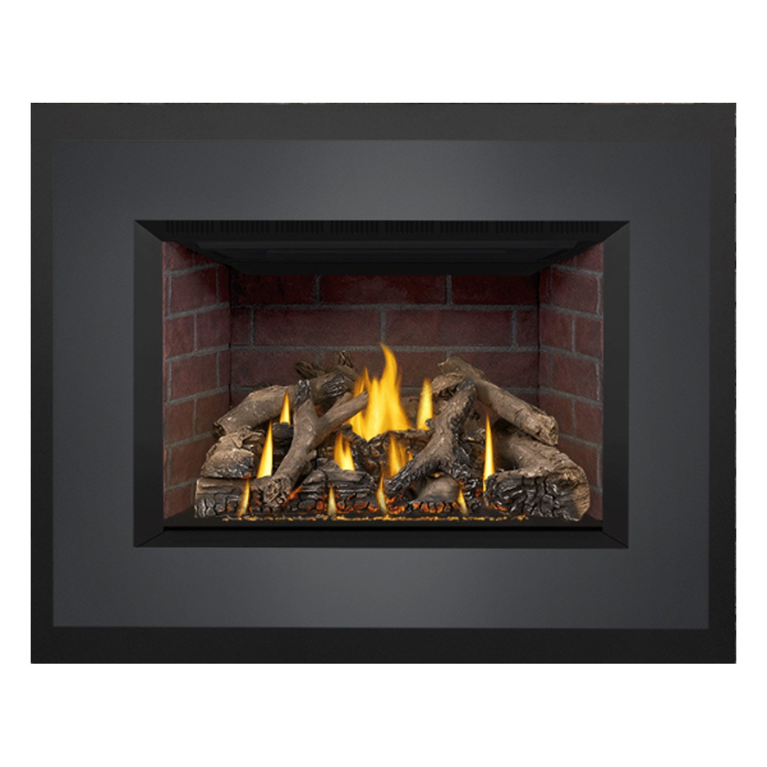 Black direct vent gas fireplace insert with burning flames and a gray log arrangement