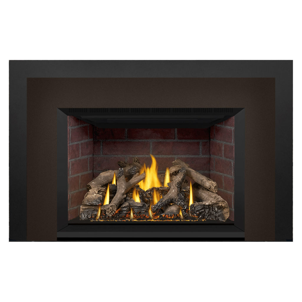 Black direct vent gas fireplace insert with burning flames and stacked log set in view