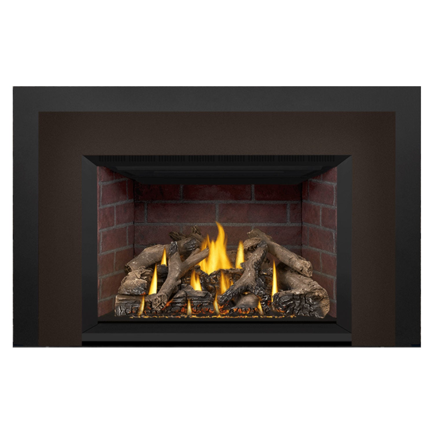 Black direct vent gas fireplace insert with burning flames and stacked log set in view