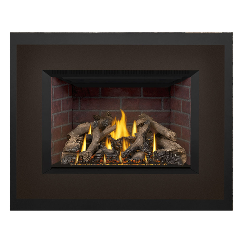 Black direct vent gas fireplace insert with flames flickering above a log bed