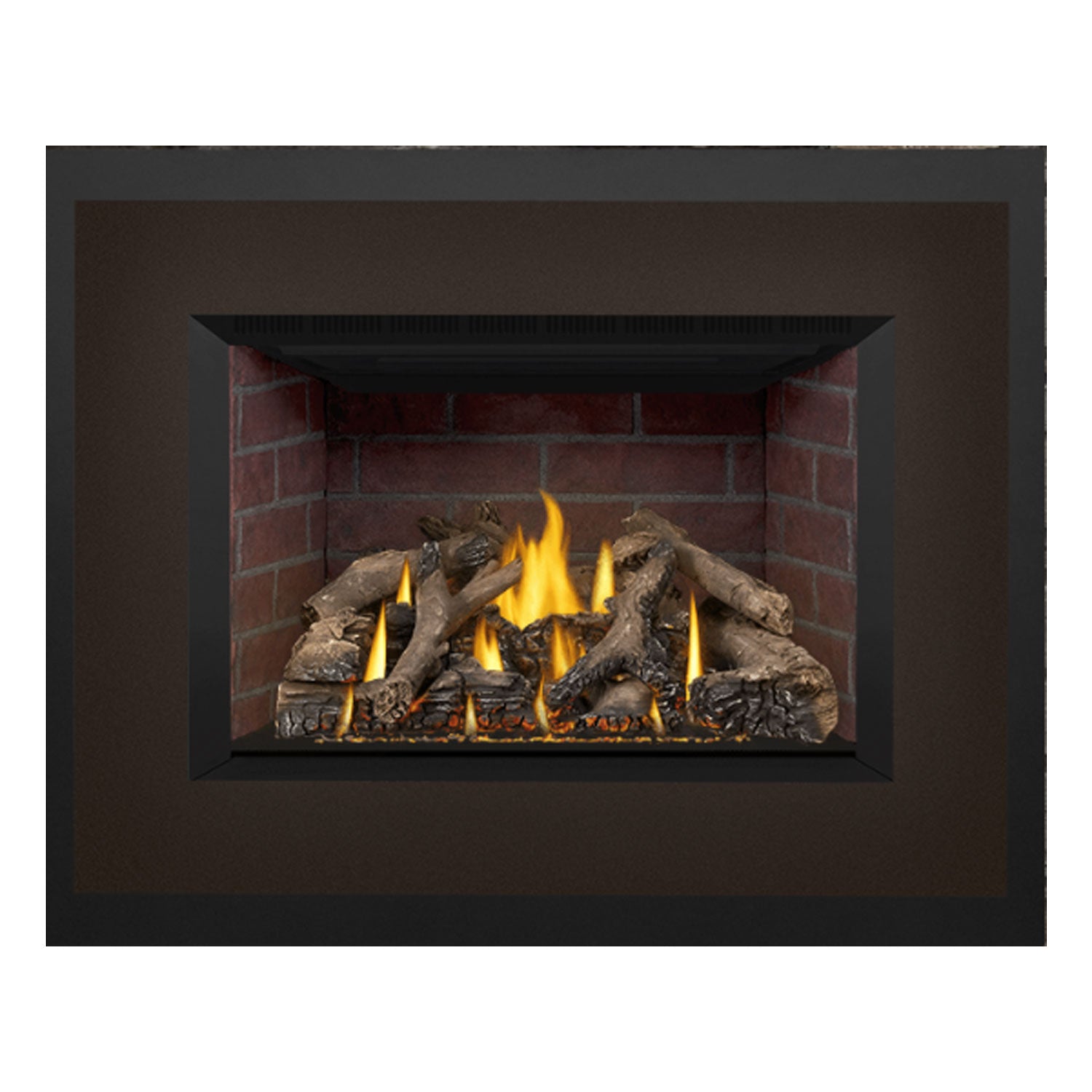 Black direct vent gas fireplace insert with flames flickering above a log bed