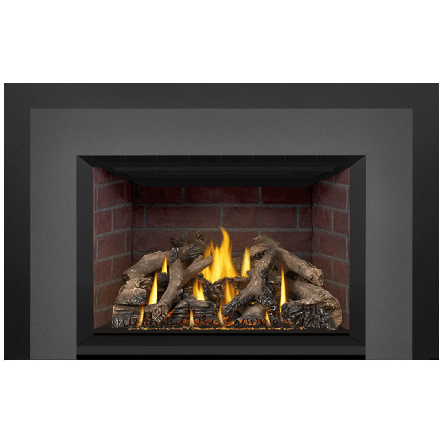Black gas fireplace insert with fire burning behind the front glass opening