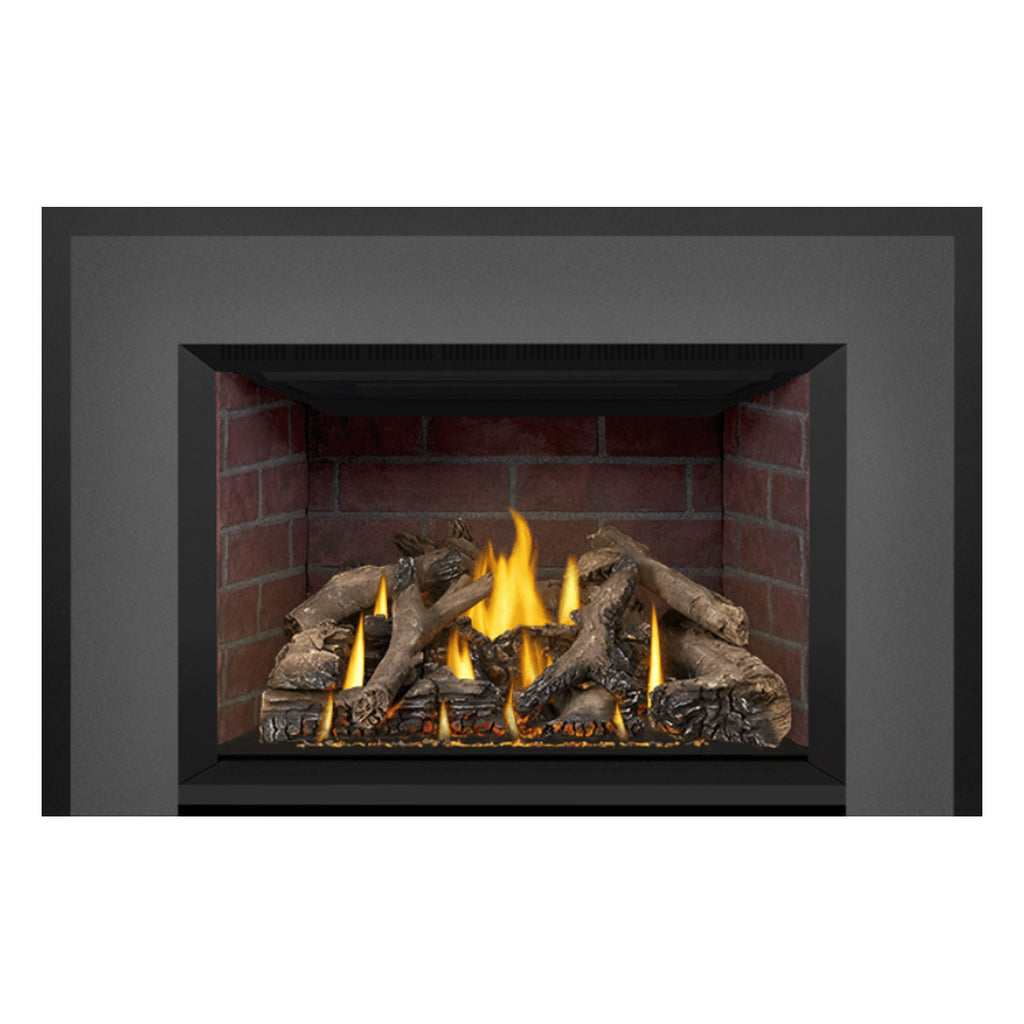 Black direct vent gas fireplace insert showing burning flames over a log and ember bed