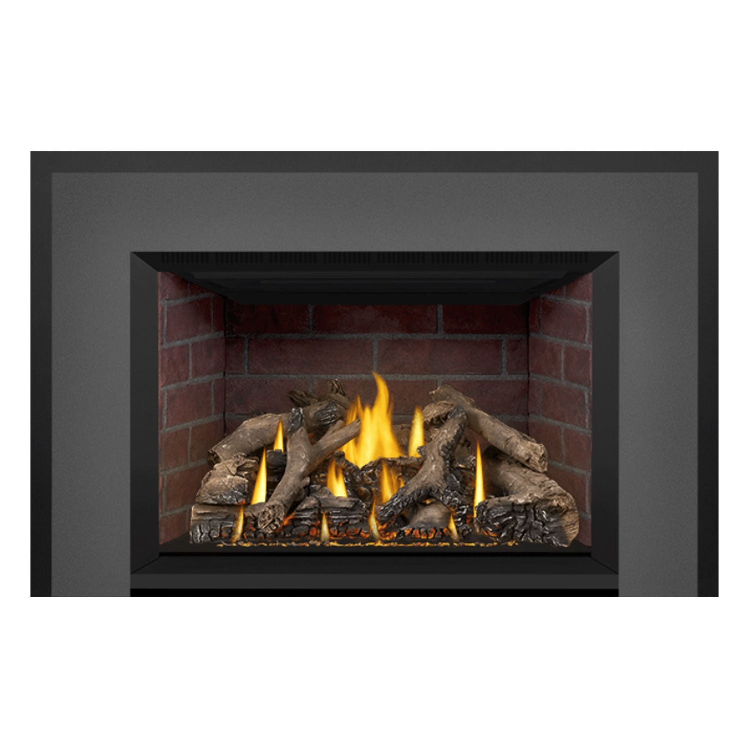 Black direct vent gas fireplace insert showing burning flames over a log and ember bed