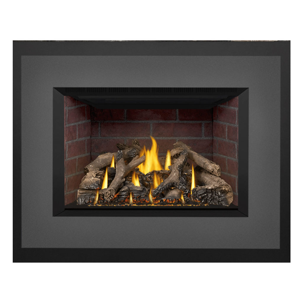 Black gas fireplace insert showing the log set with yellow-orange flames in the firebox