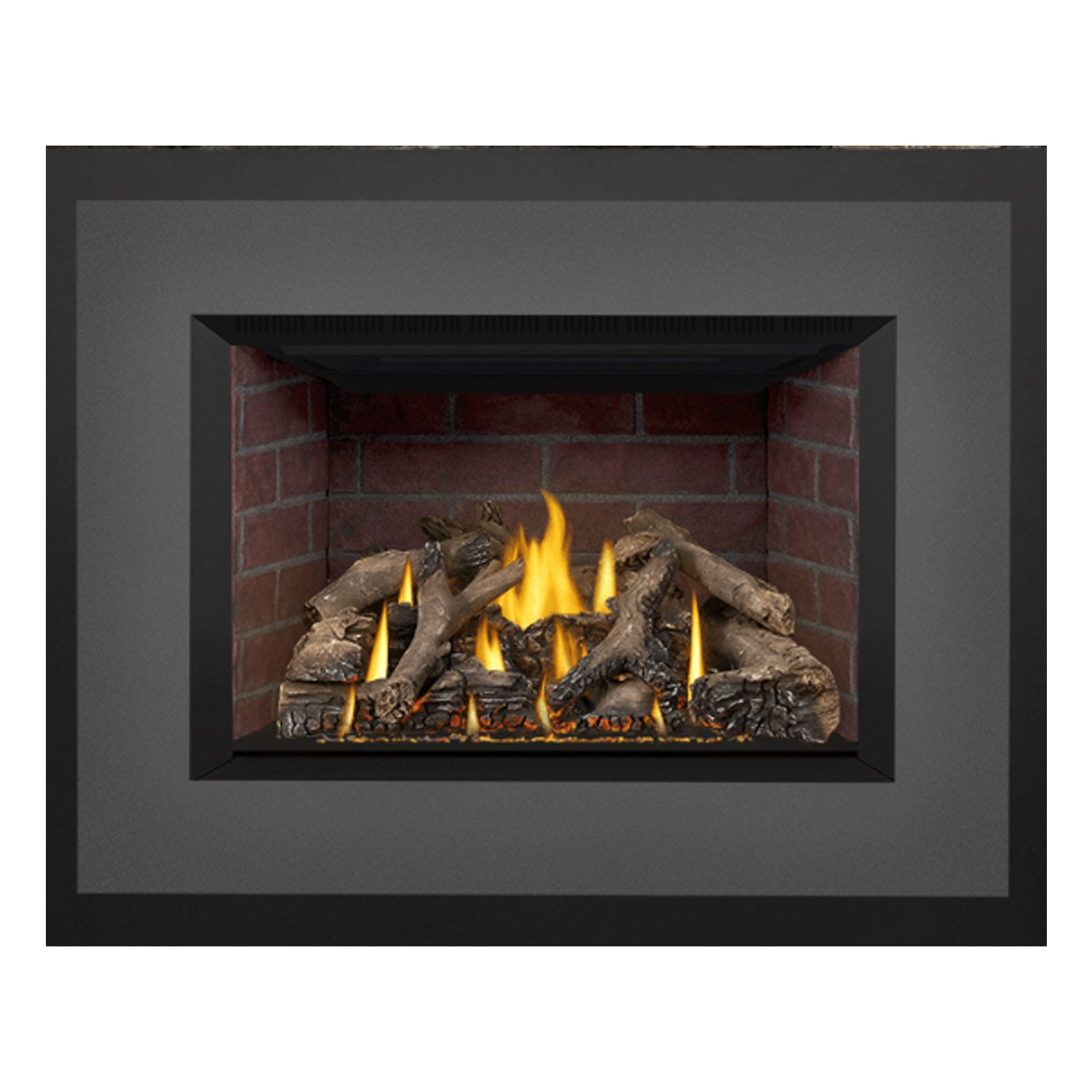 Black gas fireplace insert showing the log set with yellow-orange flames in the firebox