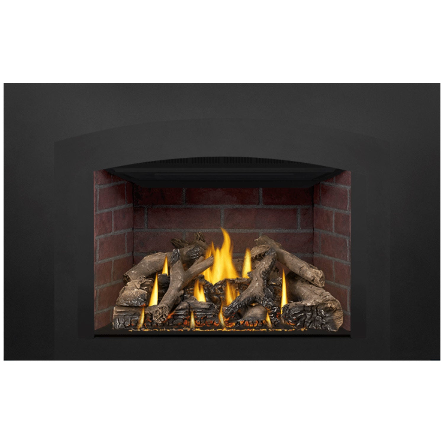 Direct-vent gas fireplace insert with lit logs and yellow-orange flames in a red brick opening