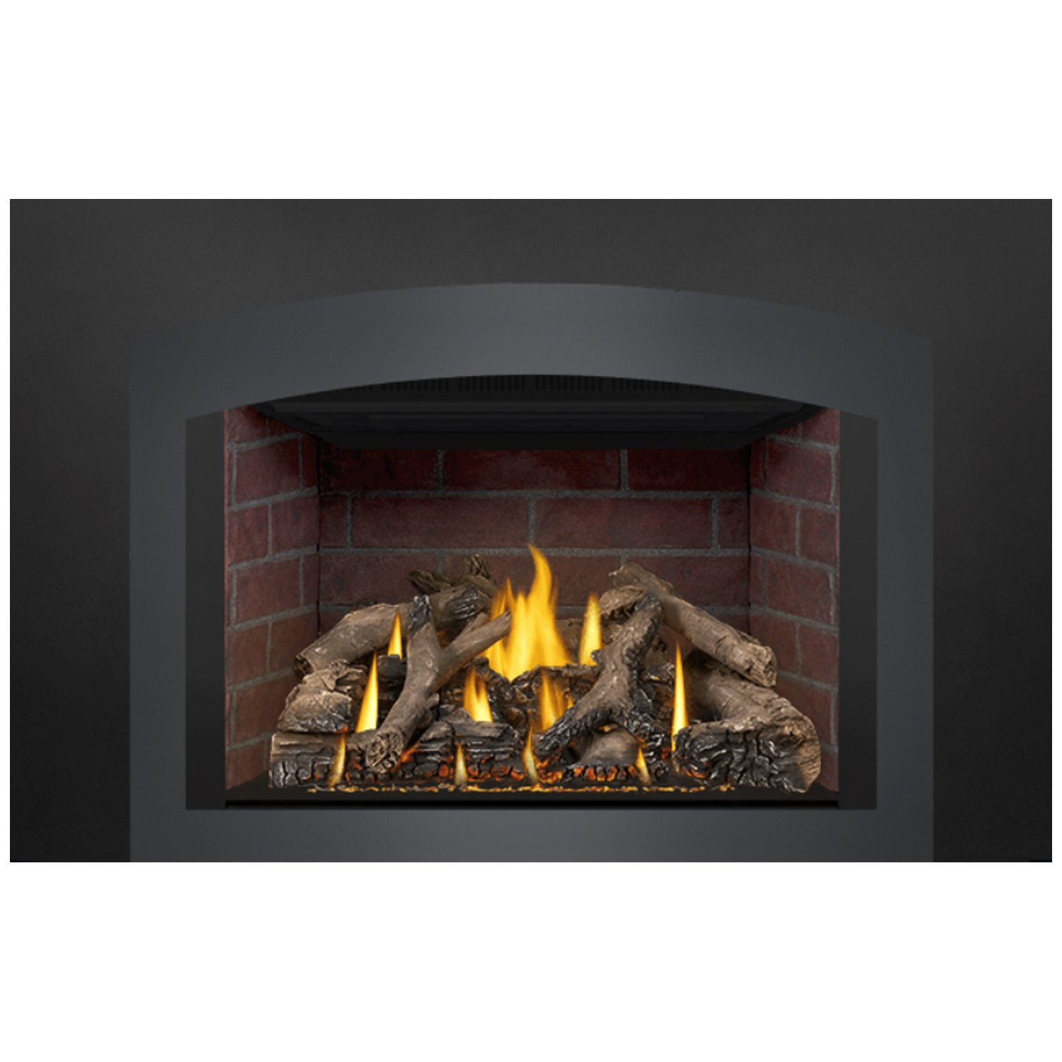 Direct vent gas fireplace insert, burning flames and log set visible in brick cavity