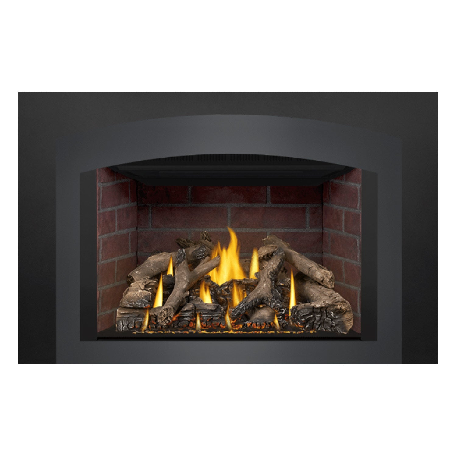 Direct vent gas fireplace insert with glowing flames and decorative log set in brick