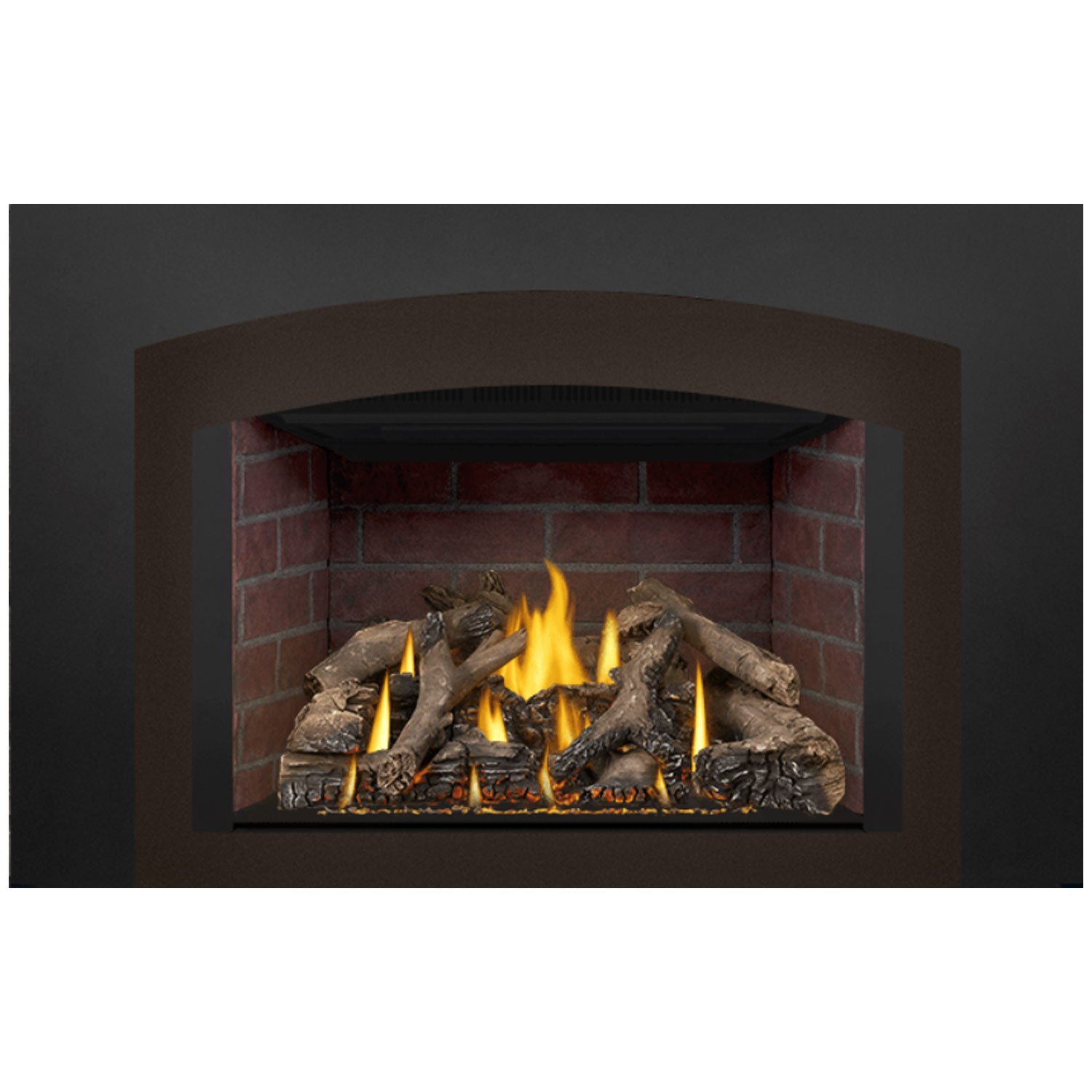 Direct vent gas fireplace insert with flames, gas burner, and log set against brick