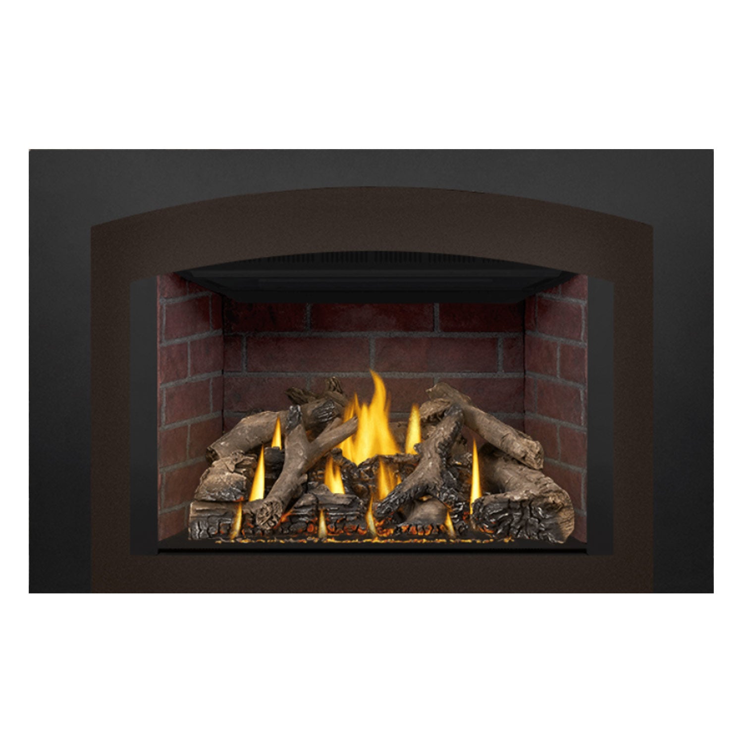 Direct vent gas fireplace insert showing burning flames over a log set in brick