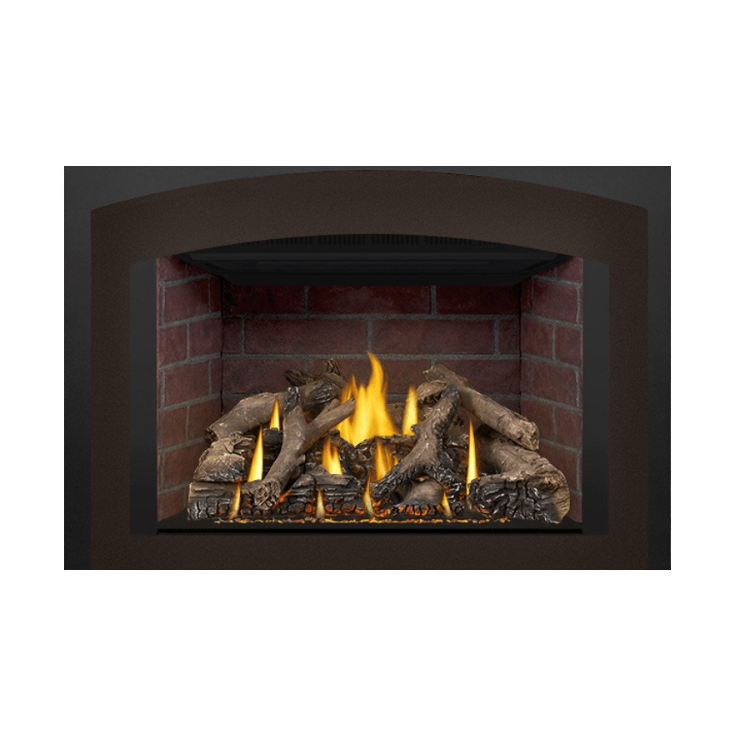 Direct vent gas fireplace insert with burning flames and log set in brick surround