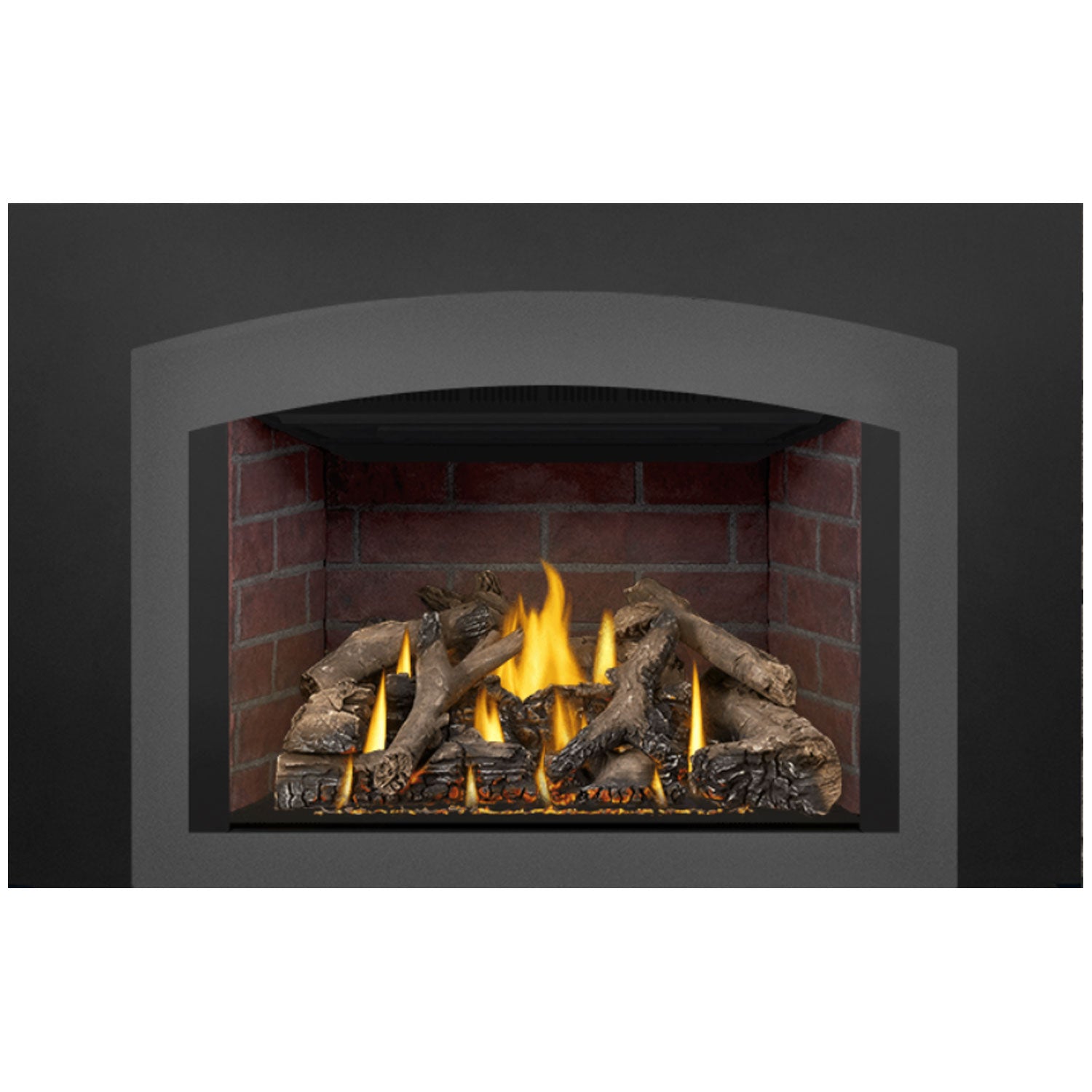 Direct vent gas fireplace insert displaying burning flames over log set in brick opening