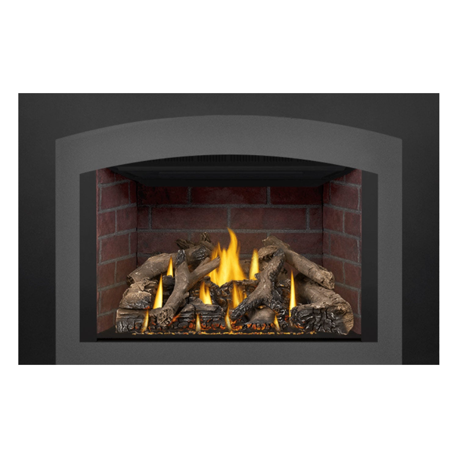 Direct vent gas fireplace insert front view with burning flames and log set in brick