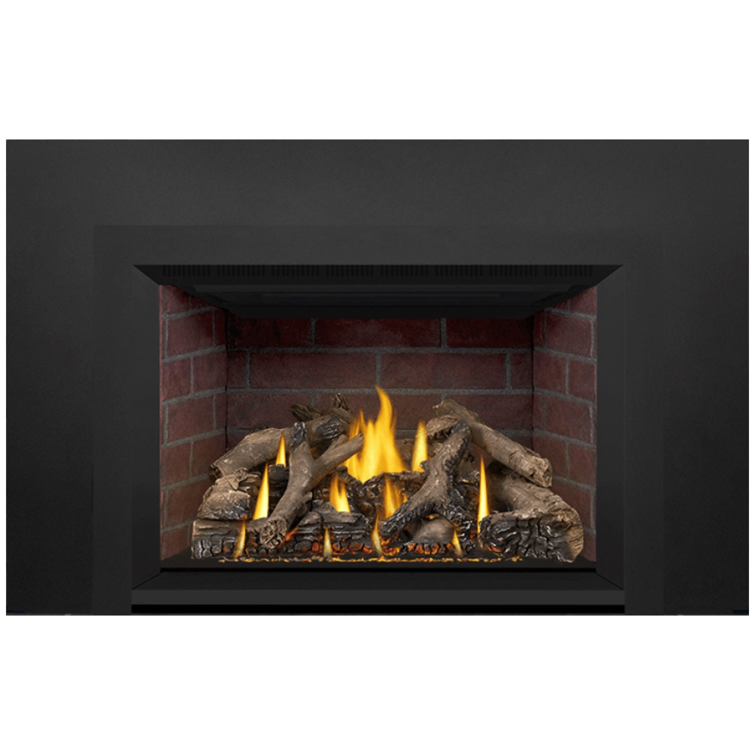 Gas fireplace insert firebox with glowing flames, logs, and brick lining