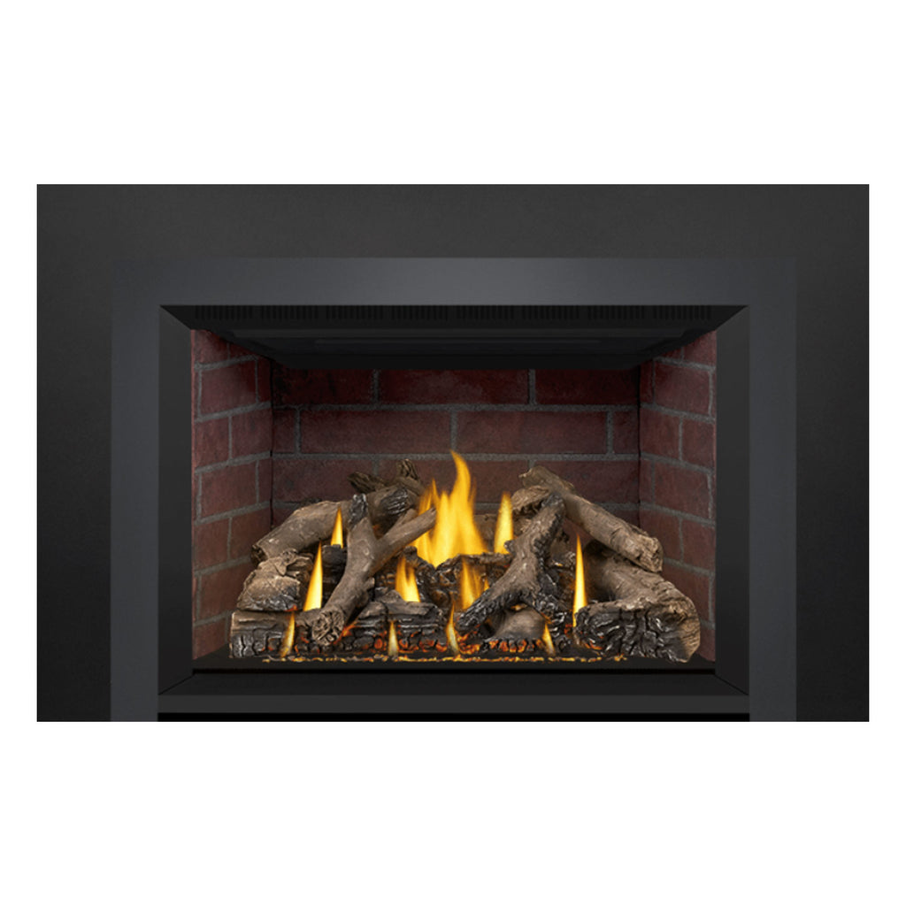 Direct vent gas fireplace insert showing burning flames, dark logs, and ember bed