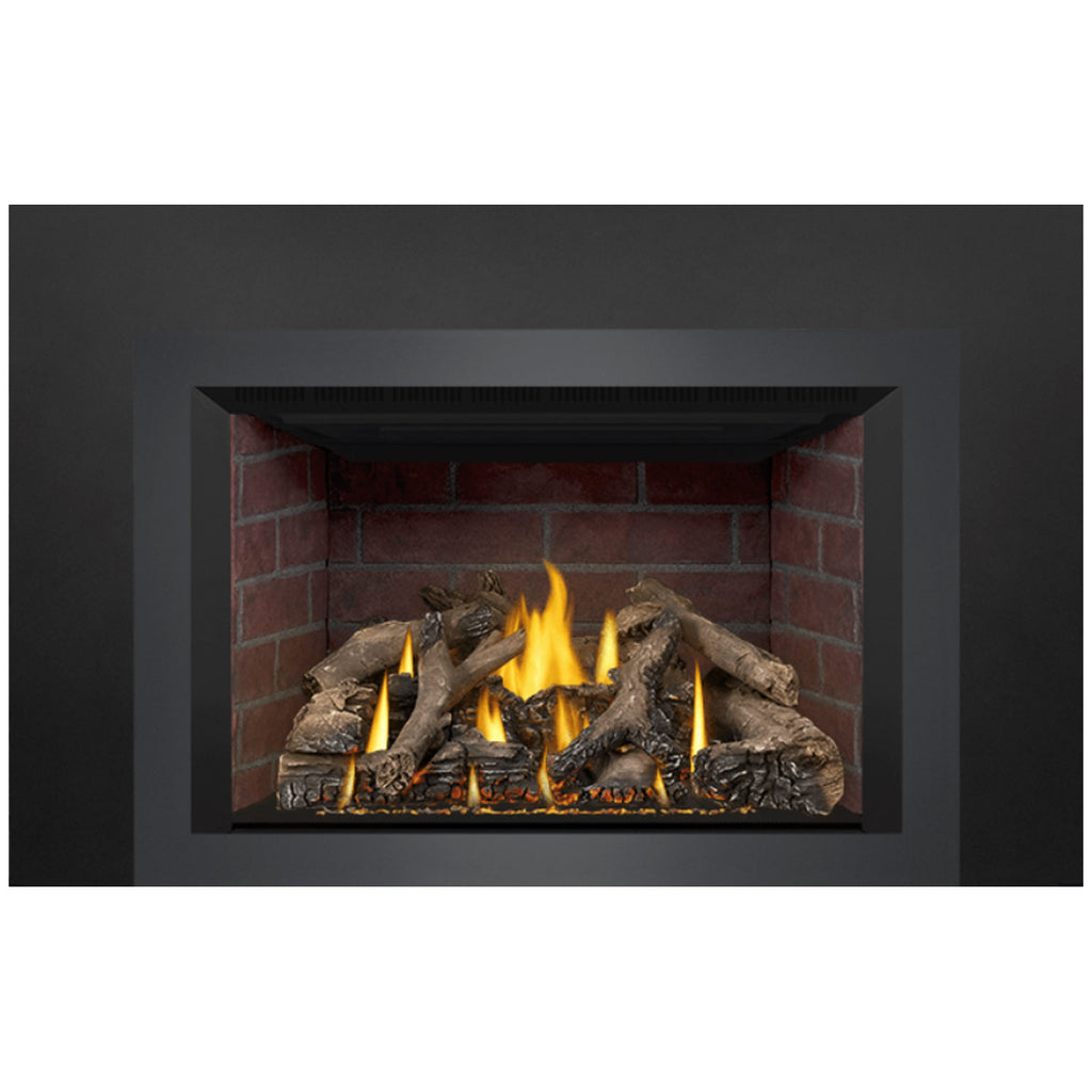 Direct-vent gas fireplace insert featuring burning log set with yellow flames on dark base