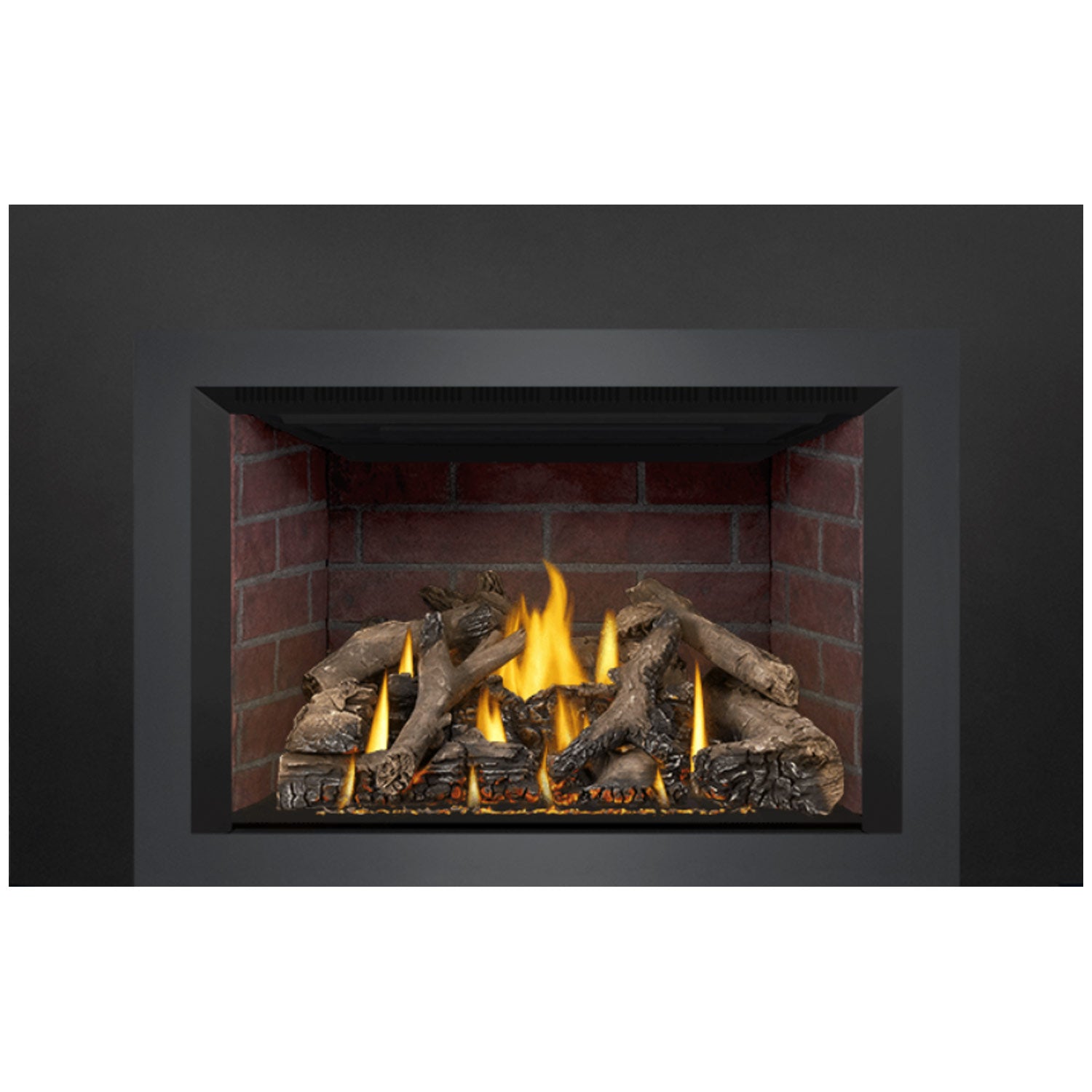 Direct-vent gas fireplace insert featuring burning log set with yellow flames on dark base