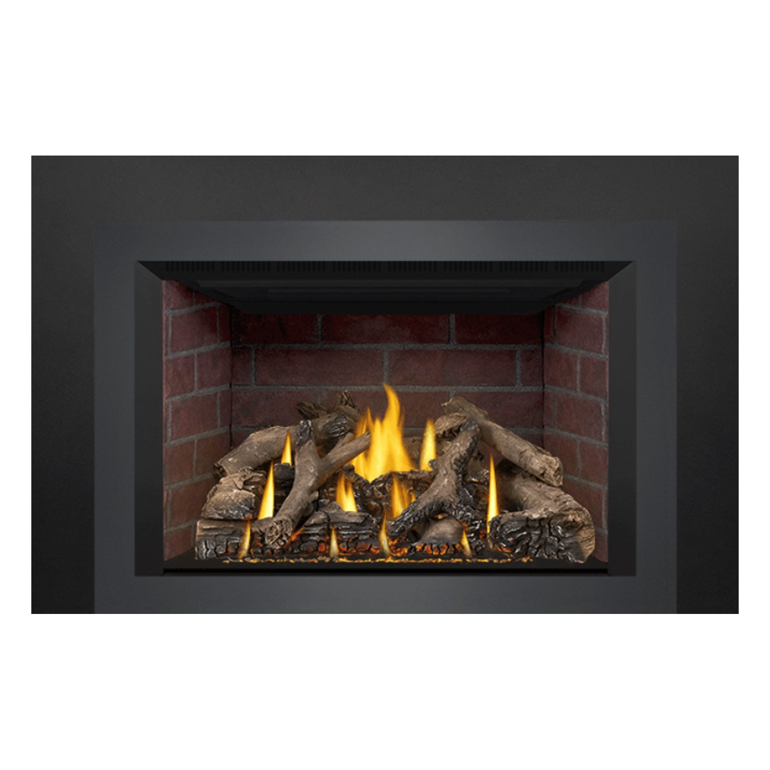 Direct-vent gas fireplace insert with lit logs, bright flames, and red brick firebox interior