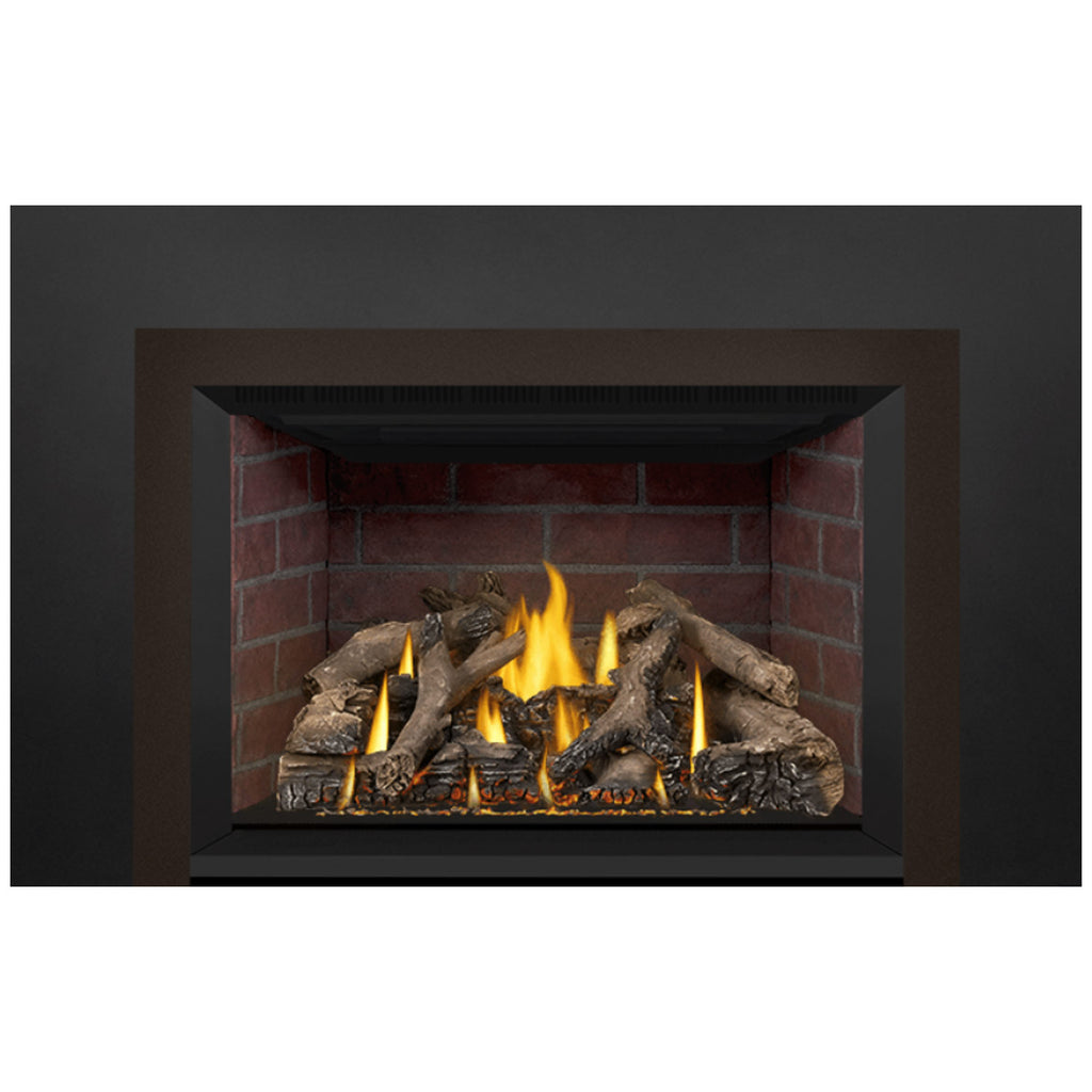 Direct vent gas fireplace insert with bright flames, dark log set, and ember bed