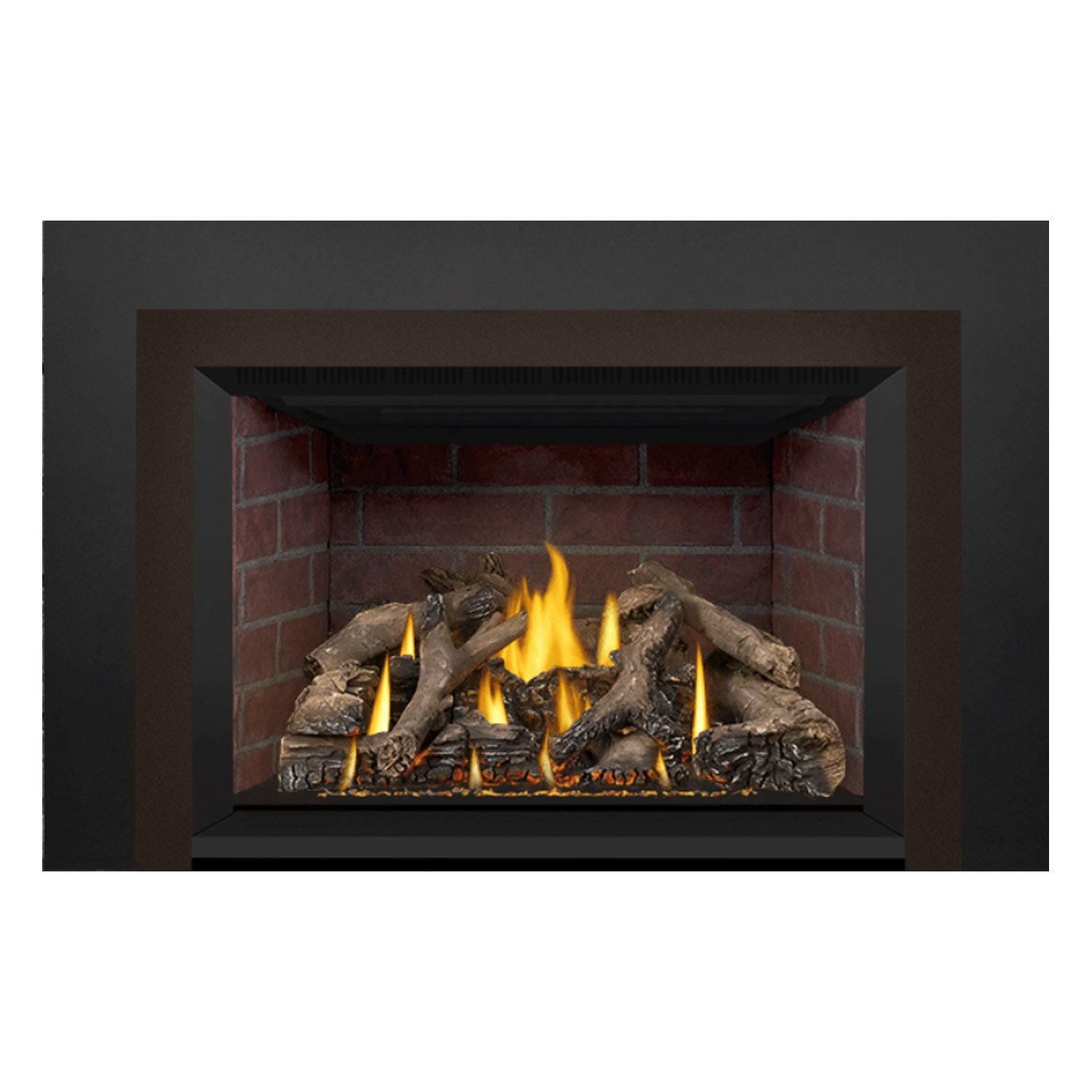 Direct vent gas fireplace insert with burning flames over dark logs and embers