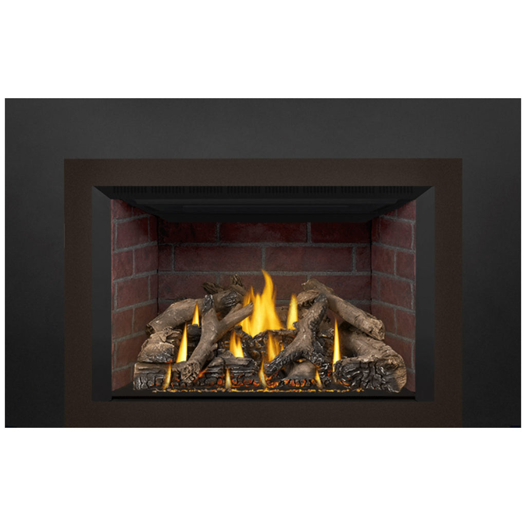 Direct vent gas fireplace insert front view with bright flames and dark log set