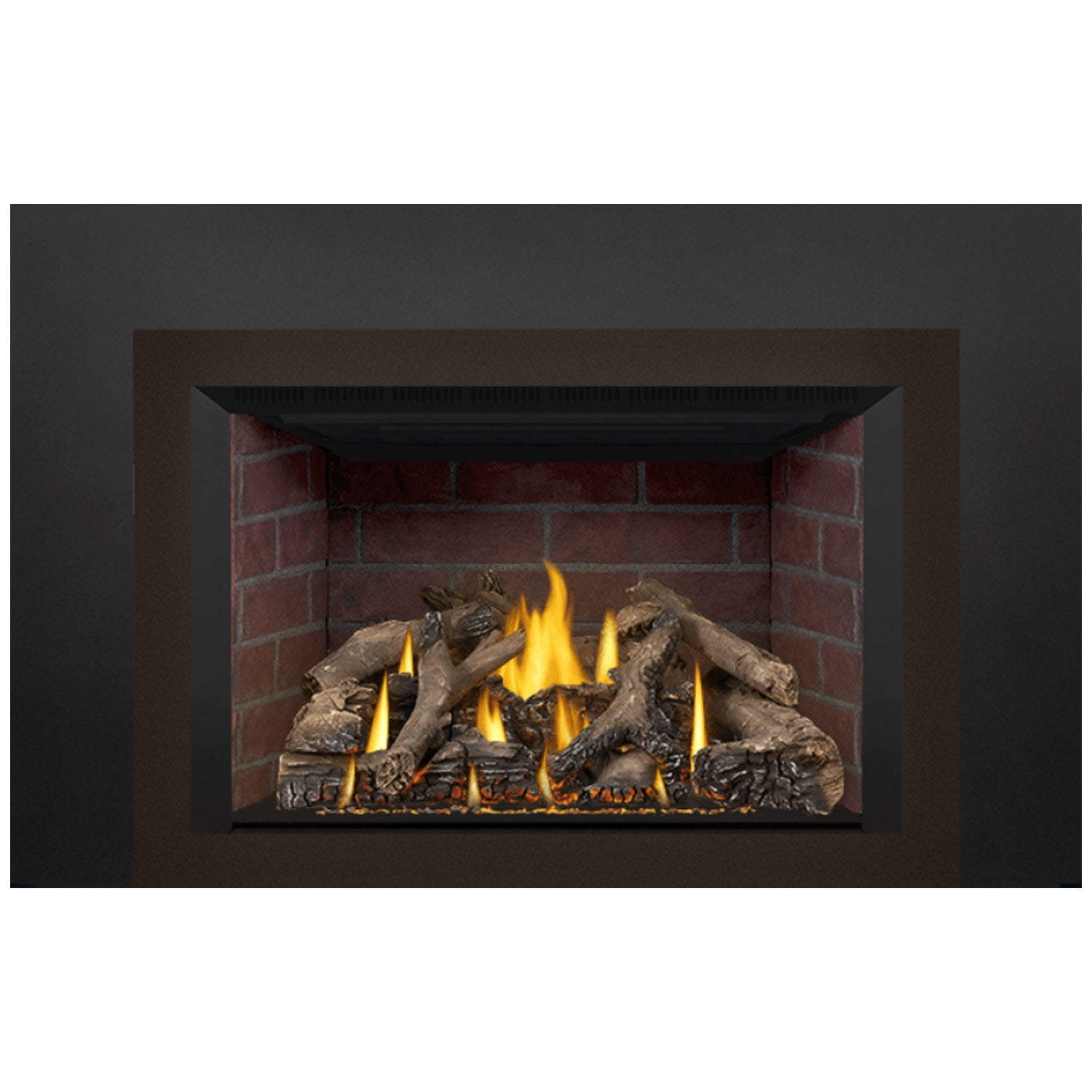 Direct vent gas fireplace insert front view with bright flames and dark log set