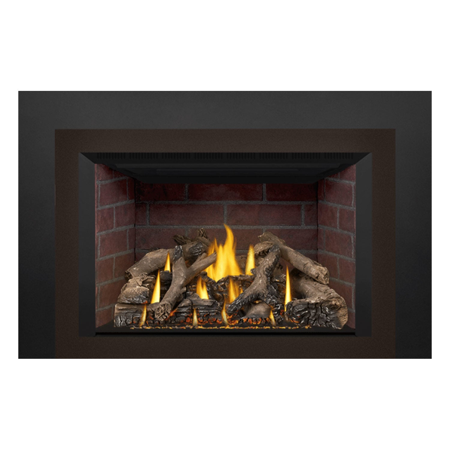 Direct vent gas fireplace insert with burning flames over dark logs and embers
