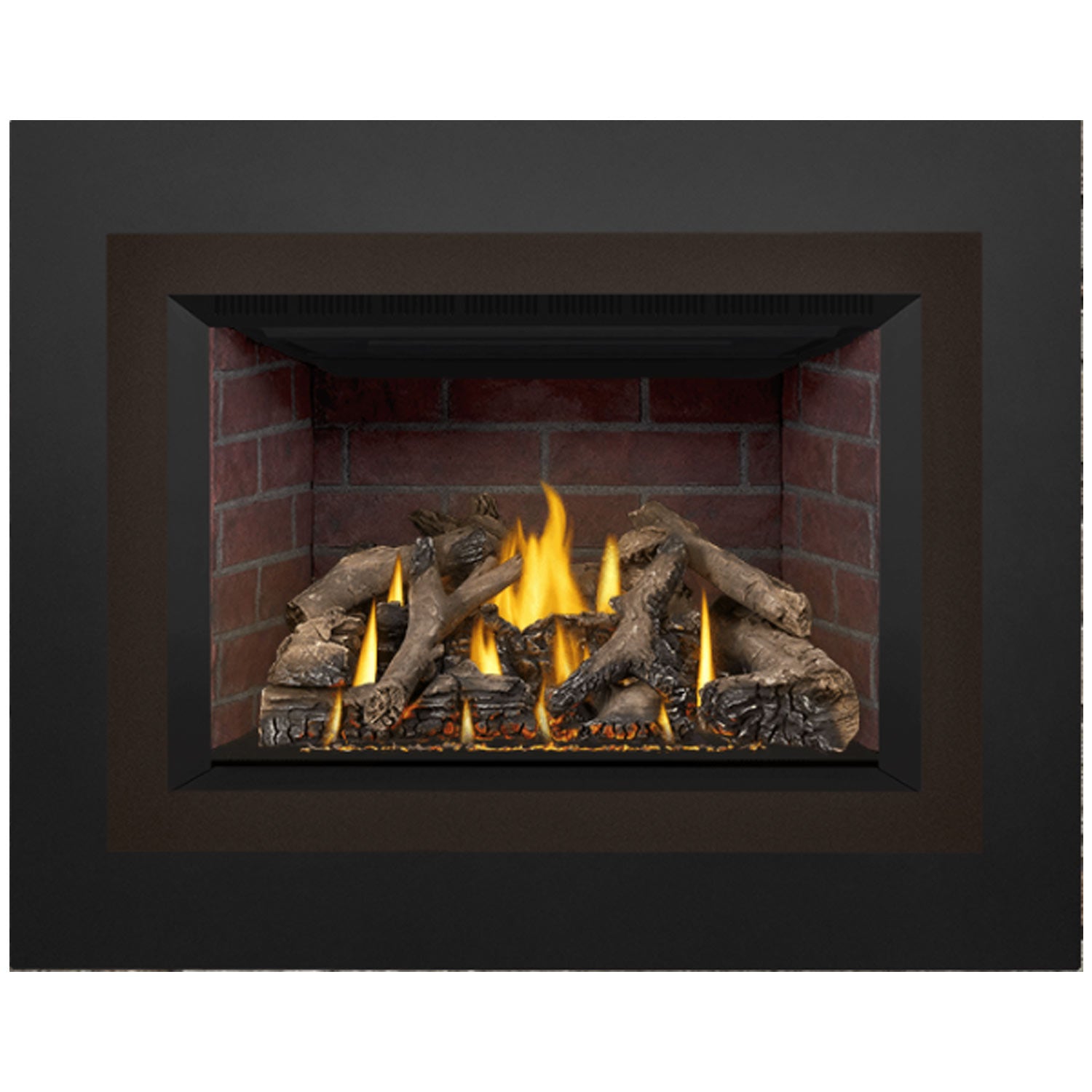 Direct-vent gas fireplace insert with burning logs and yellow flames framed by dark trim