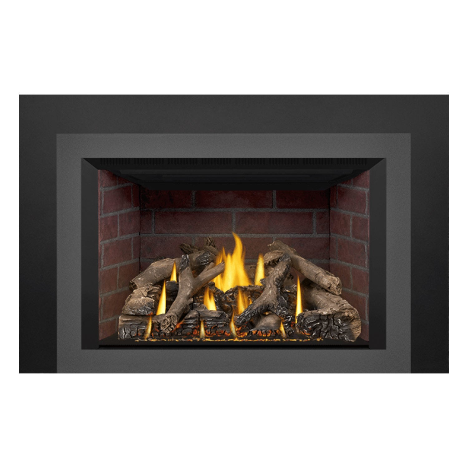 Direct-vent gas fireplace insert with burning logs, yellow flames, and dark metal surround