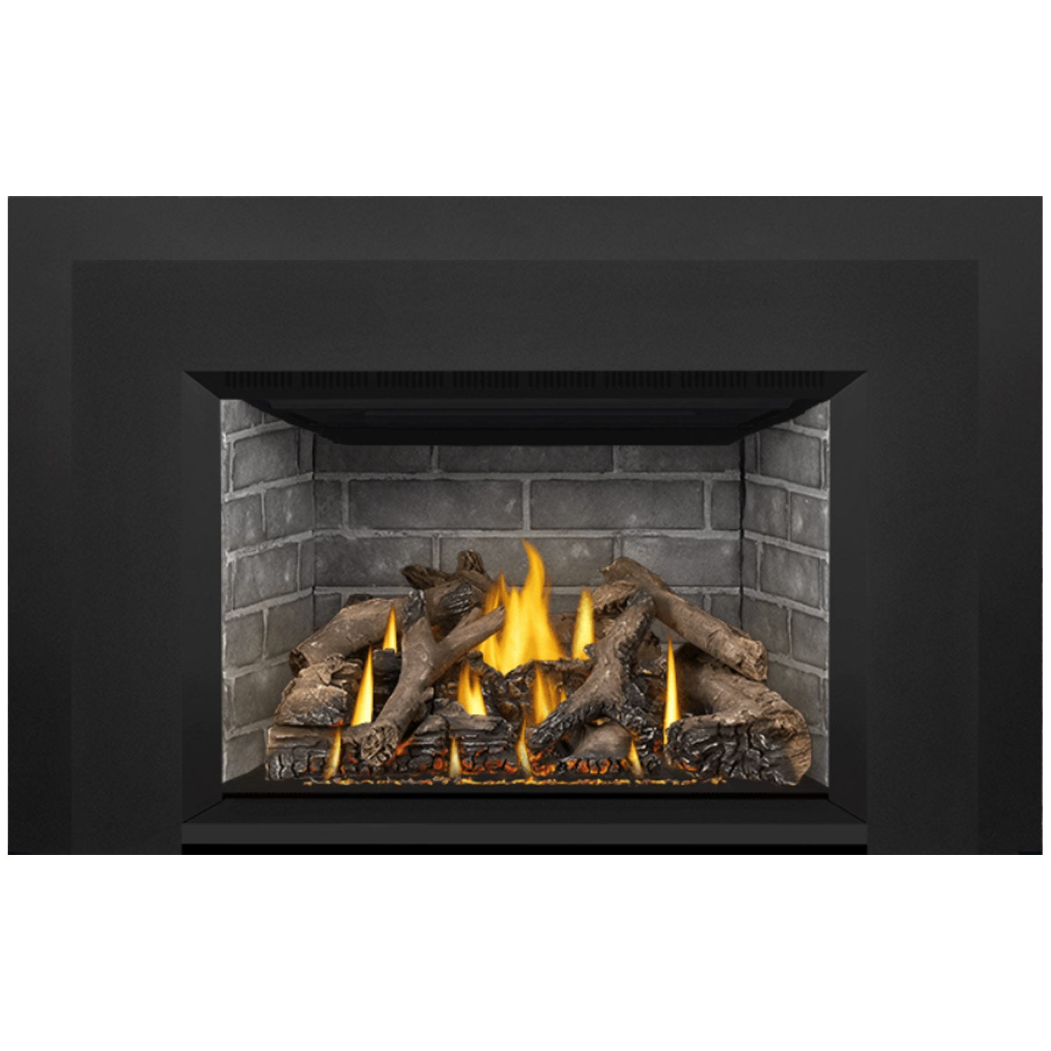 Gas fireplace insert with burning flames, gray stone surround, and dark log set