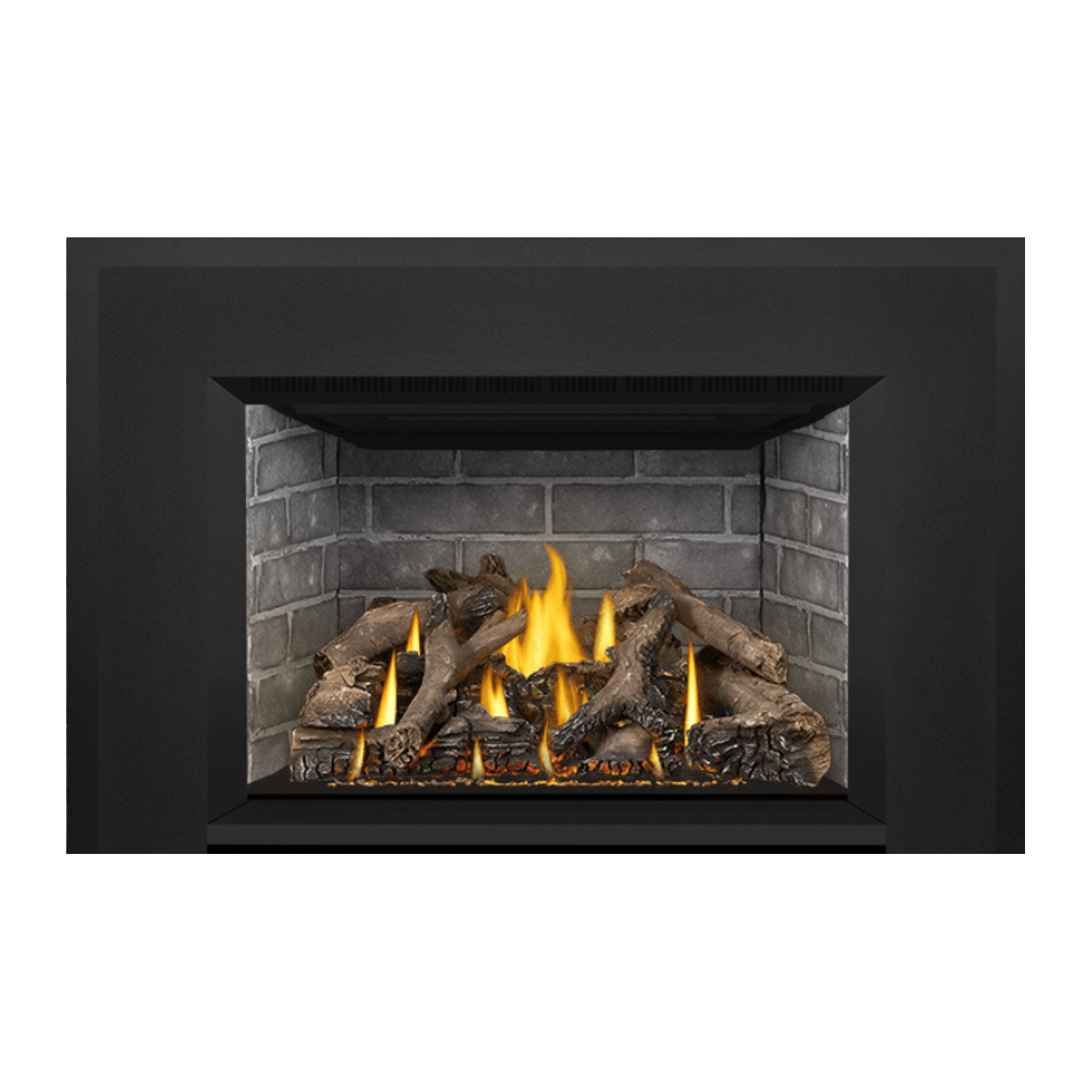 Gas fireplace insert recessed view with burning flames, gray brick back, and logs