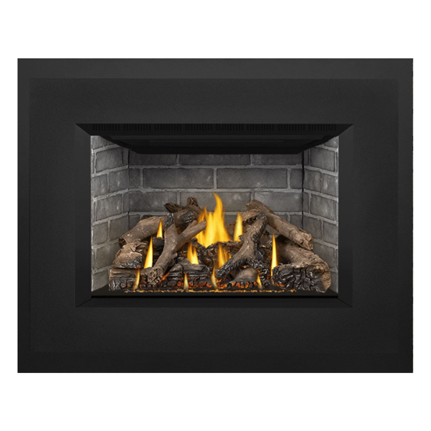 Direct vent gas fireplace insert framed in dark metal with stone surround and active flames