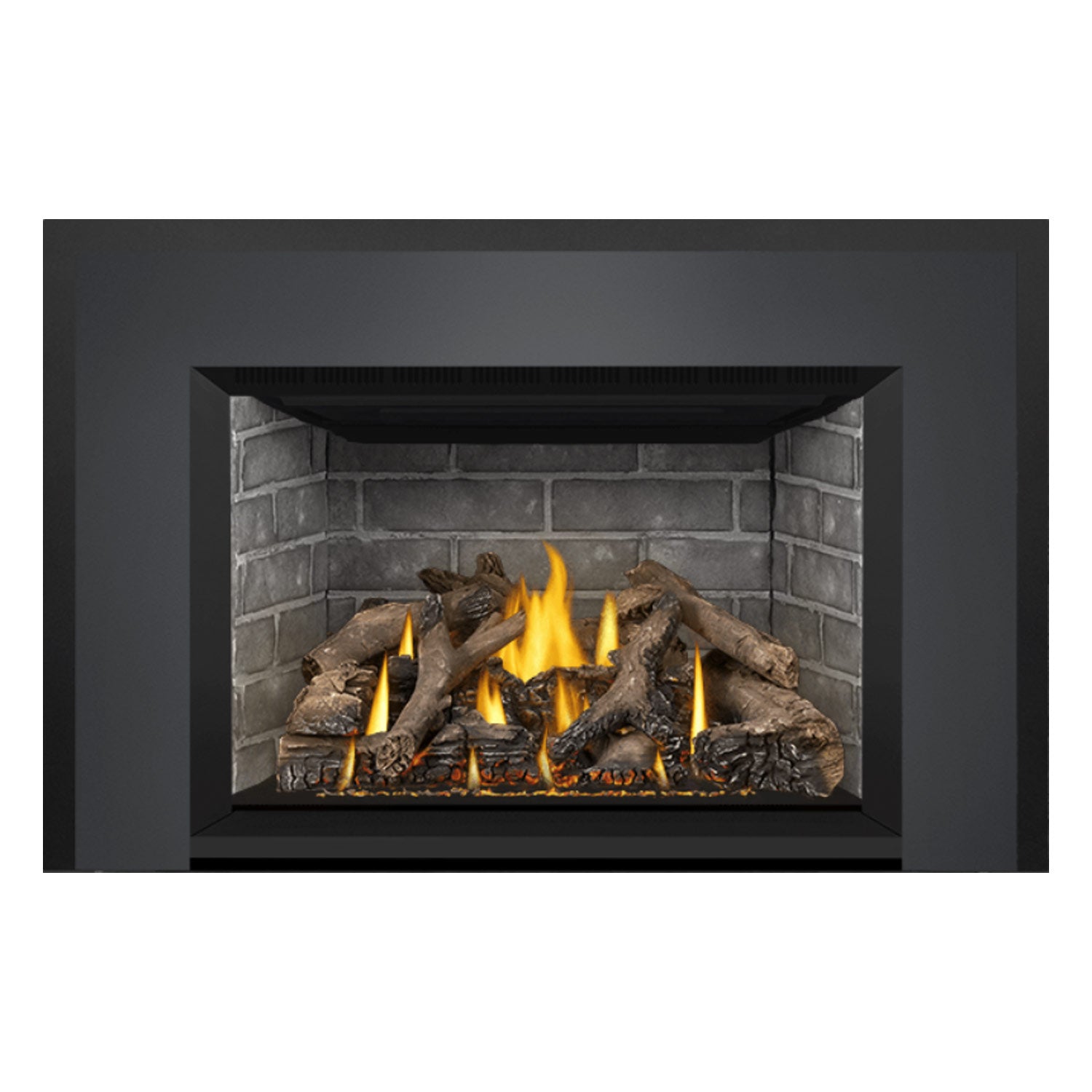Direct vent gas fireplace insert in dark surround with stone interior and yellow-orange flames