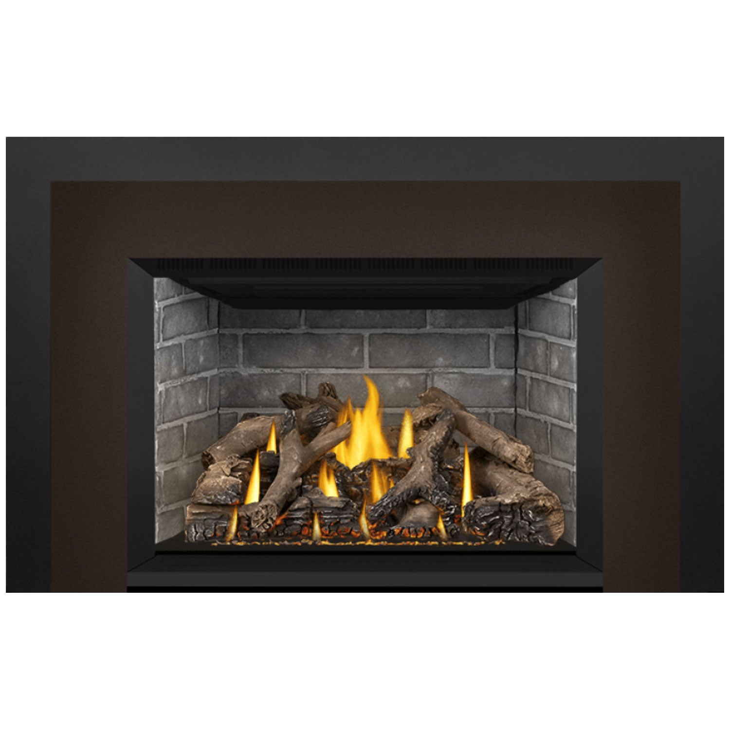 Direct vent gas fireplace insert with dark surround, stone firebox, and burning logs