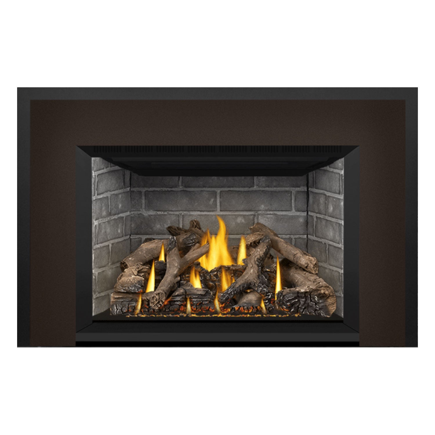 Gas fireplace insert view with burning flames, gray brick lining, and dark logs