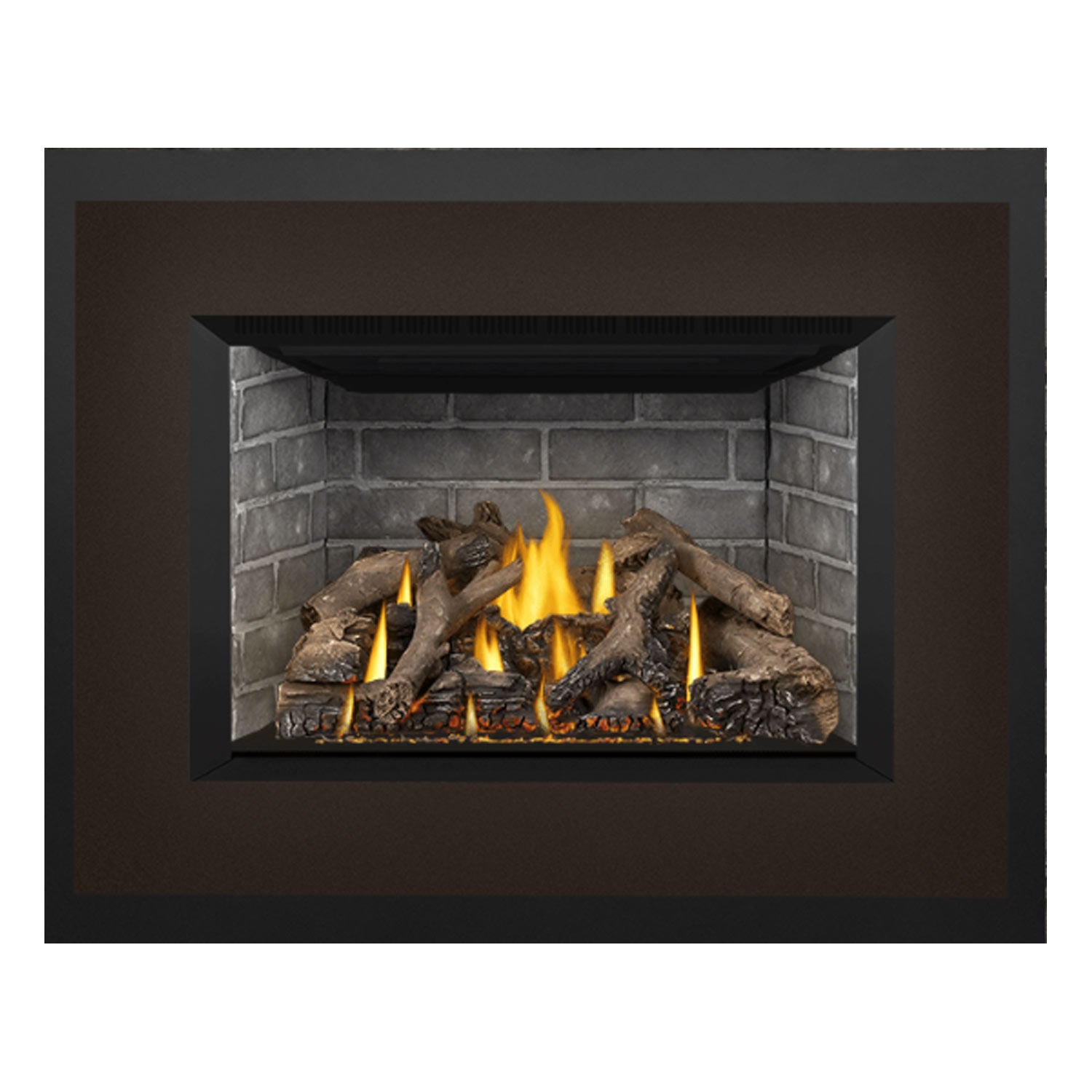 Direct vent gas fireplace insert with dark outer trim and stone firebox; flames on embers