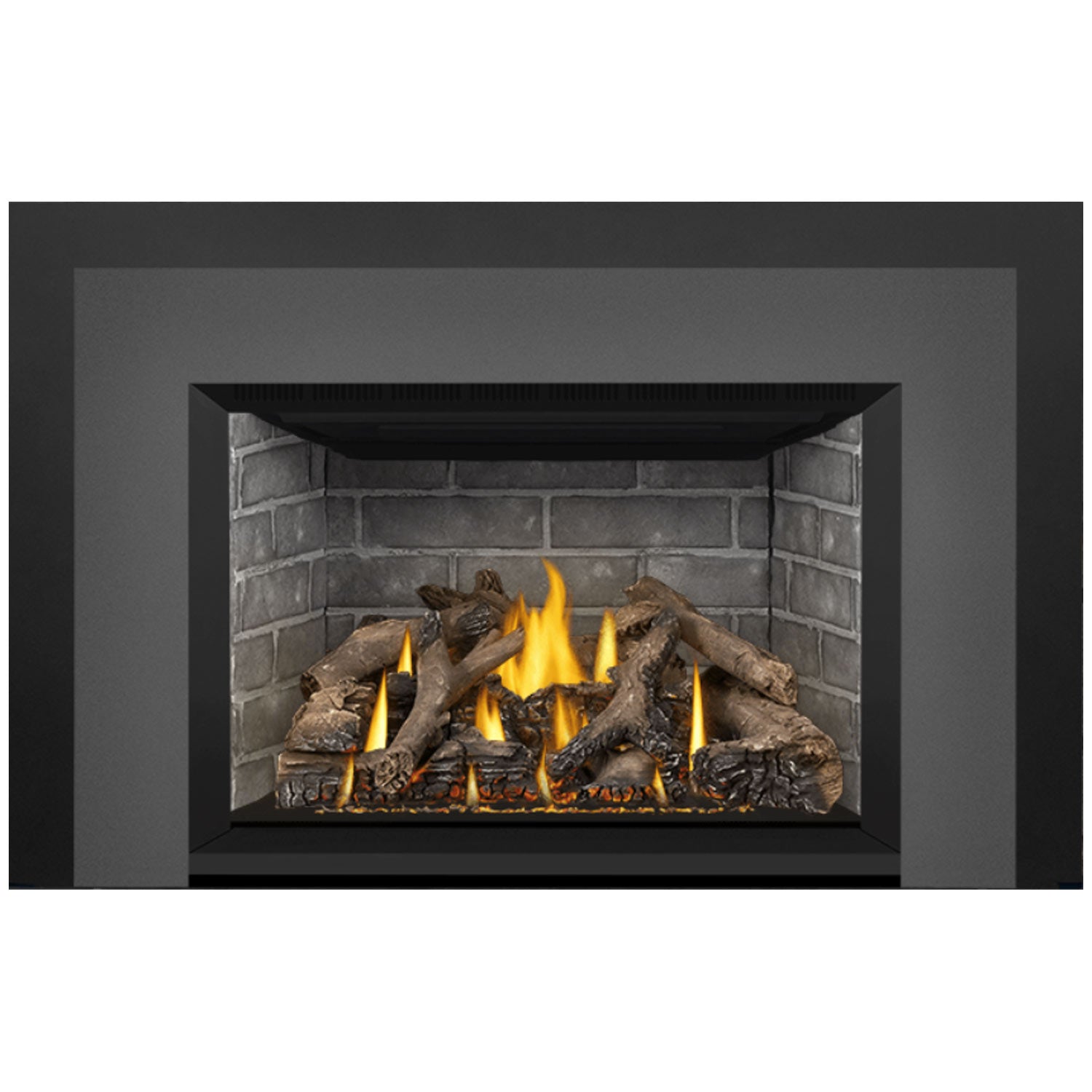 Direct vent gas fireplace insert with dark outer panel and stone firebox; flames on log bed