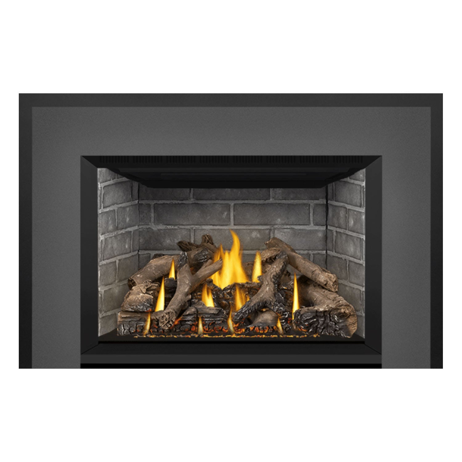 Direct vent gas fireplace insert showing dark frame and stone firebox with flames over logs