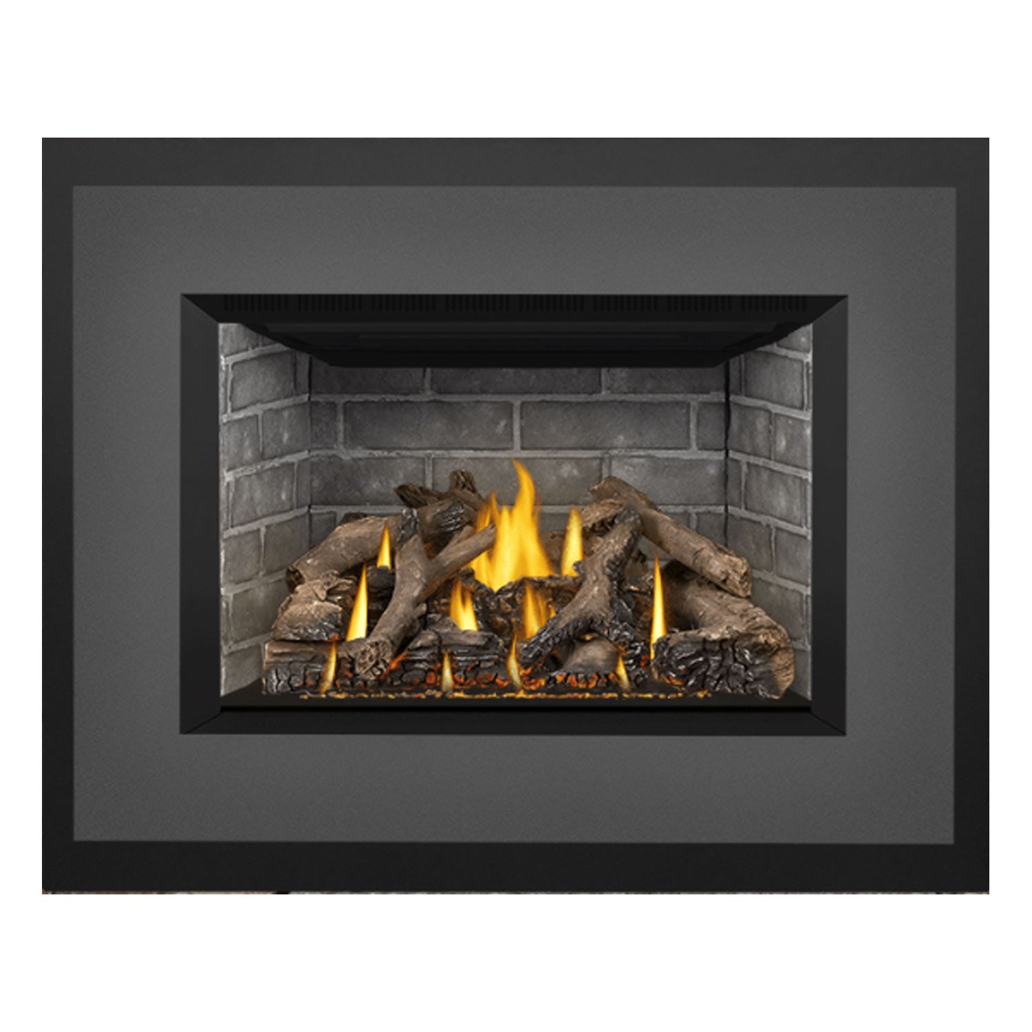 Direct vent gas fireplace insert, dark surround around stone firebox with burning logs